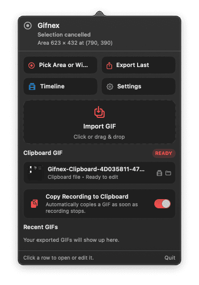 Gifnex menu bar interface