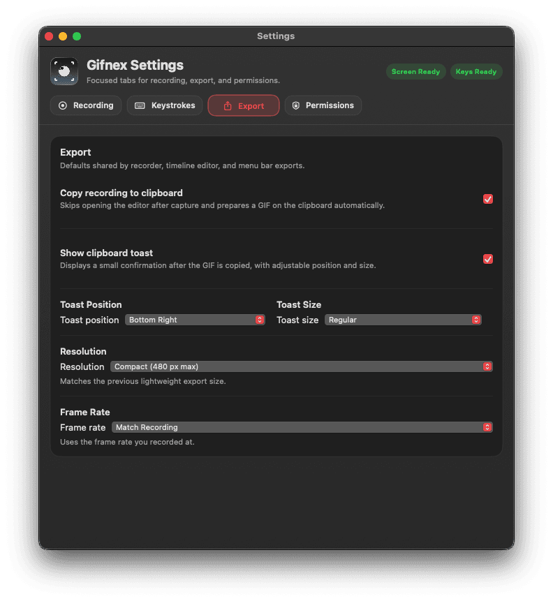 Gifnex export settings with clipboard options