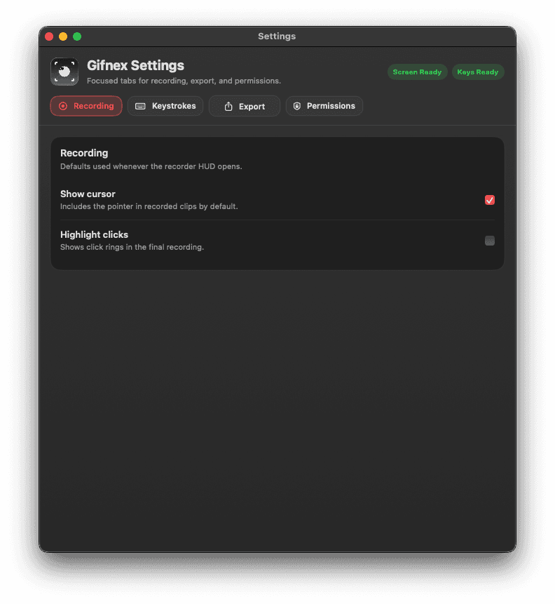 Gifnex recording settings with cursor and click options